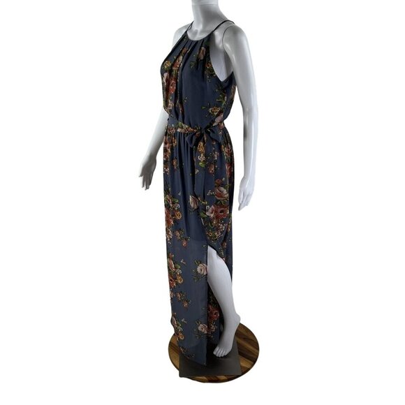BCX NWT Womens M  Floral Blue Halter Maxi Slit Pleated Dress Belt Sheer Overlay - Picture 3 of 16
